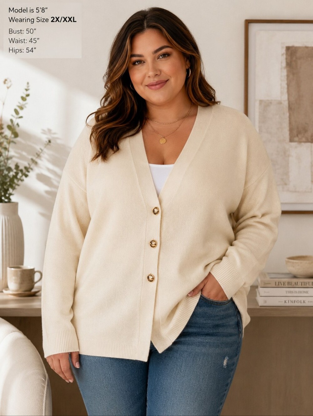 Future Collective Cream V-Neck Cardigan Sweater Gold Buttons NWT XL & XXL